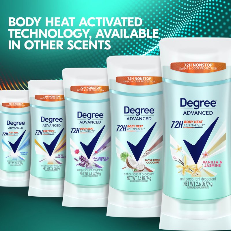 Degree Advanced Protection Antiperspirant Deodorant Vanilla & Jasmine for 72-Hour Sweat & Odor Control for Women, with Body Heat Activated Technology, 2.6 oz (Pack of 2)