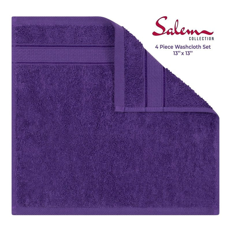American Soft Linen Salem Washcloth Sets, 4 Piece Luxury 600 GSM 100% Cotton Washcloths for Bathroom, 13x13 inches Washrags Premium Quality Hand Face Towels, Purple