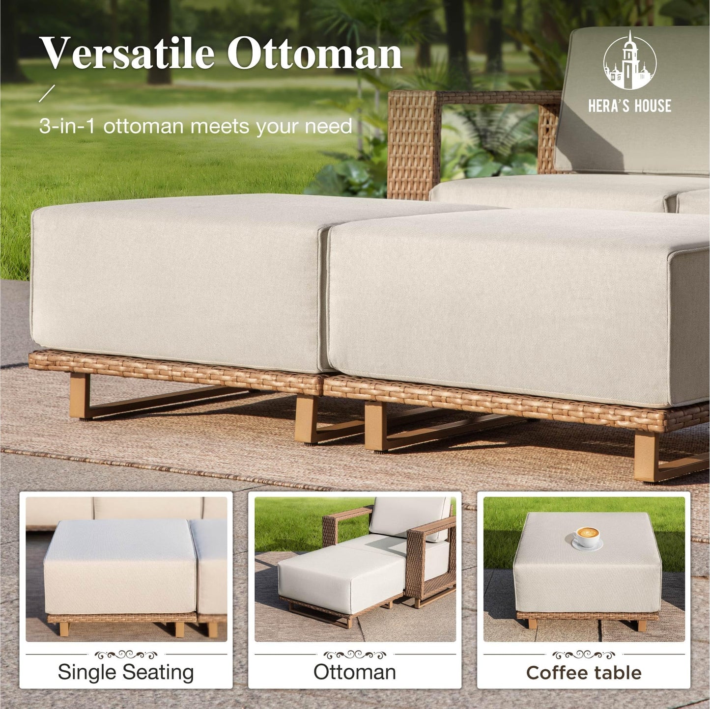 HERA'S HOUSE 8 Pieces Patio Furniture Set,Outdoor Sectional Rattan Wicker Sofas,2 Swivel Armchairs with Ottomans, All Weather Couch Set, 10" Ultra Thick Cushion for Garden and Lawn