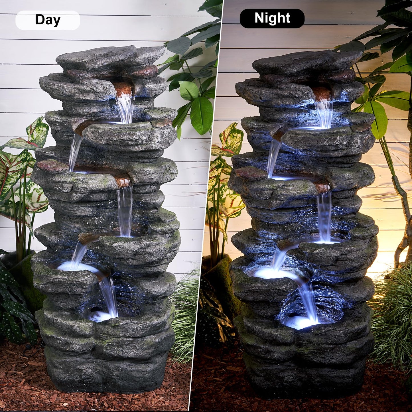 chillscreamni 6-Tier Rockery Outdoor Fountain - 40” H Outdoor Waterfall Fountain with LED Lights for Home&Office Decor, Stacked Rock Cascading Relaxation Garden Fountains Outdoor for Patio, Yard, Deck