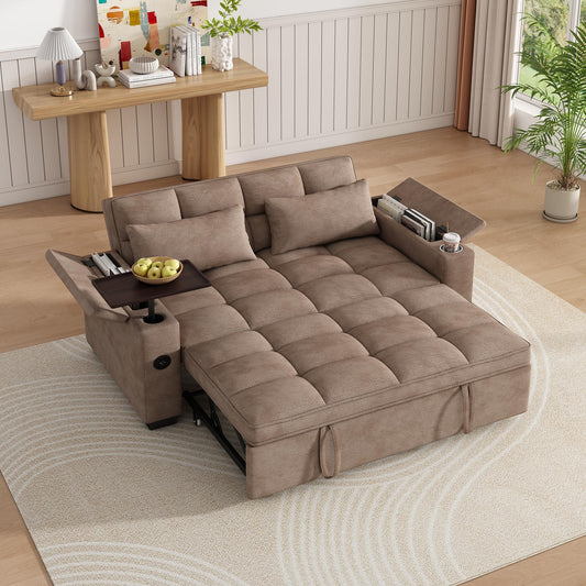 KEIKI 65" 3-in-1 Convertible Sofa Bed, Compact Sleeper Couch with Pull-Out Design, Rotating Side Table, USB Charging Ports & Storage Armrests for Guest Room & Small Spaces