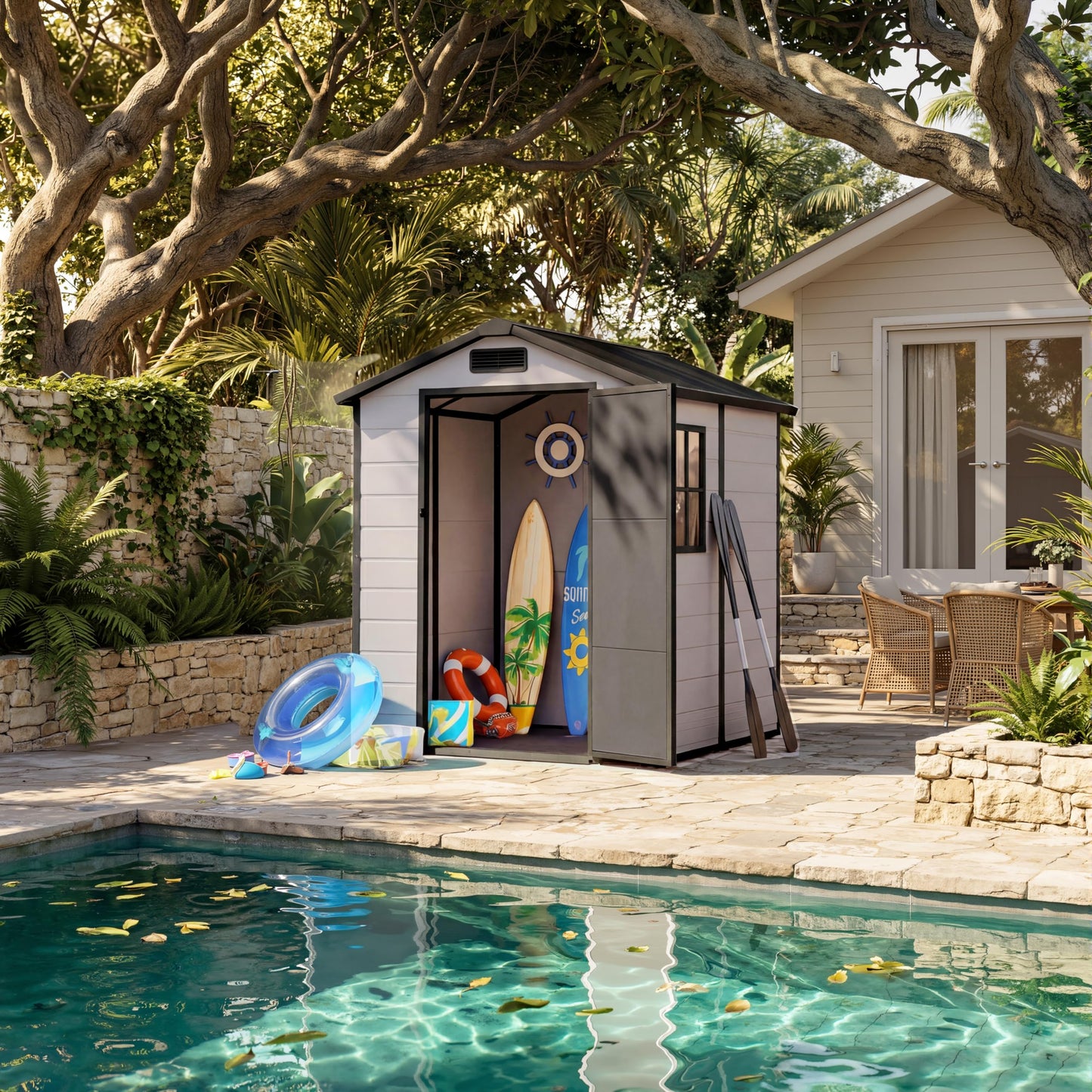 Plastic Outdoor Storage Shed with Floor & Window, 4x6 ft Resin Garden Shed for Patio, Lawn Mower, Bike & Tool, Waterproof Outdoor Storage with Lockable Door & 2 Vents & Sloped Roof for Backyard