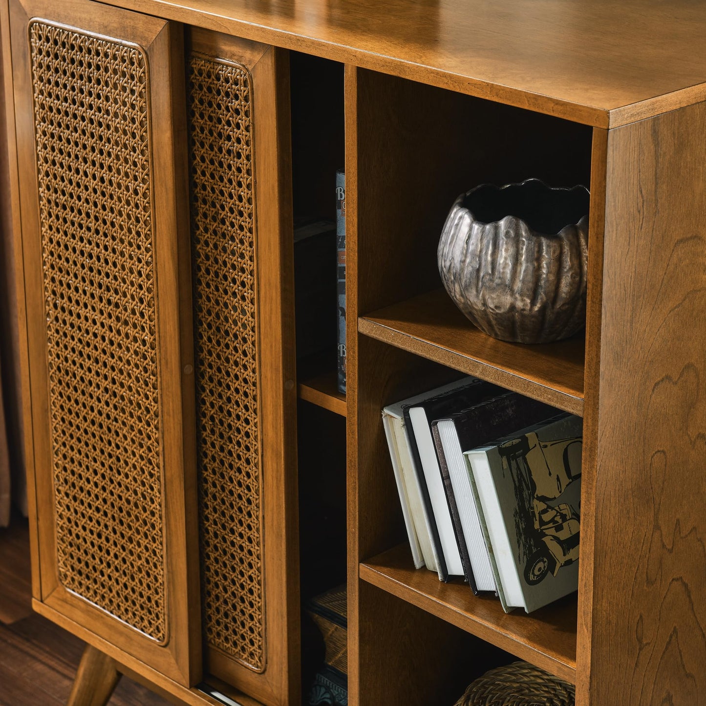 Ball & Cast 32" Mid Century Modern Rattan Sideboard Cabinet with 2 Sliding Doors, Buffet Cabinet w/Adjustable Shelf & Solid Wood Legs for Entryway, Living Room, Kitchen,Dining Room, Light Walnut