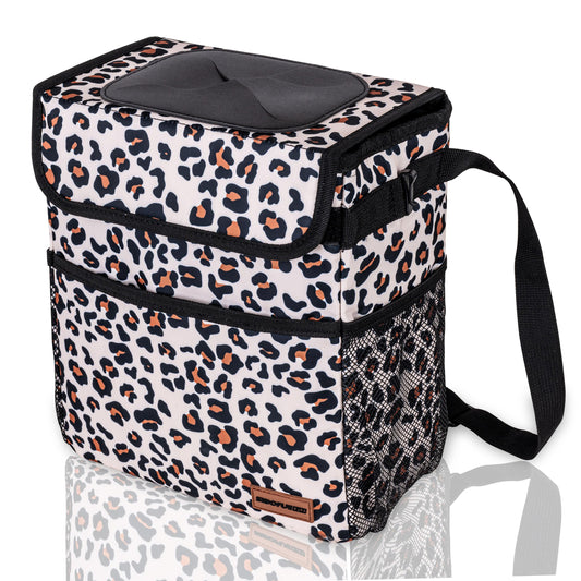 Cute Car Trash Can with Lid – Multipurpose Collapsible Trash Bin for Car, Leak-Proof Organizer, Waterproof Garbage Can with Storage Pockets & Adjustable Straps, 2 Gallons (Black Leopard)