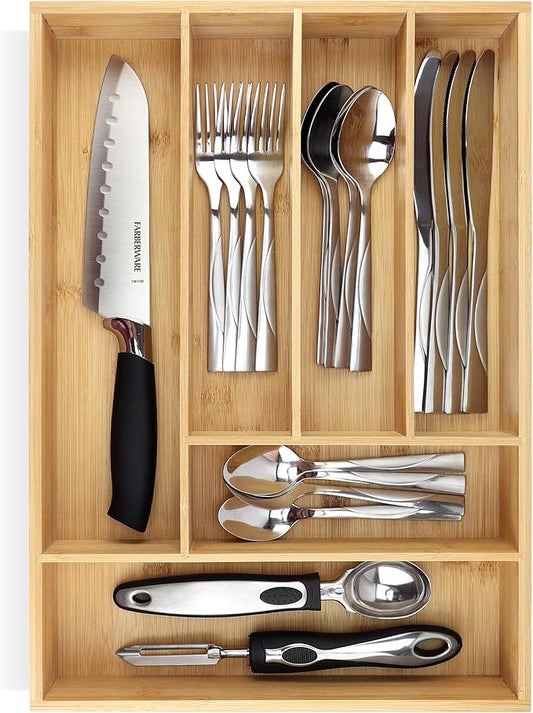Pristine Bamboo Silverware tray organizerâ Flatware Utensil Cutlery Silverware Holder for Drawer â Small Extra-Deep Wooden Kitchen Drawer Organizer Divider for Spoons Forks Knives cutleries (6-Slots)
