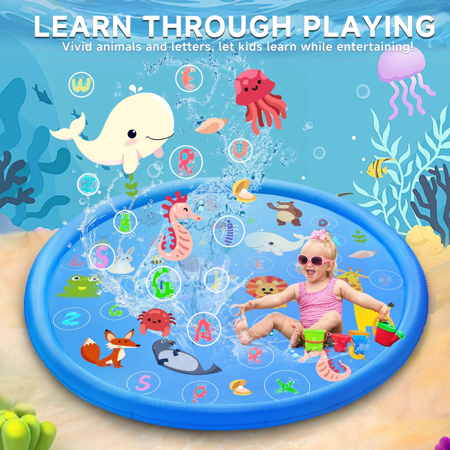 Non-Slip Splash Pads for Toddlers 1-3, Thickened 69-Inch Sprinkler Pool – Fun Outdoor Water Play Mat for Kids, Children, and Dogs – Safe Summer Backyard Fountain Toy (Blue)