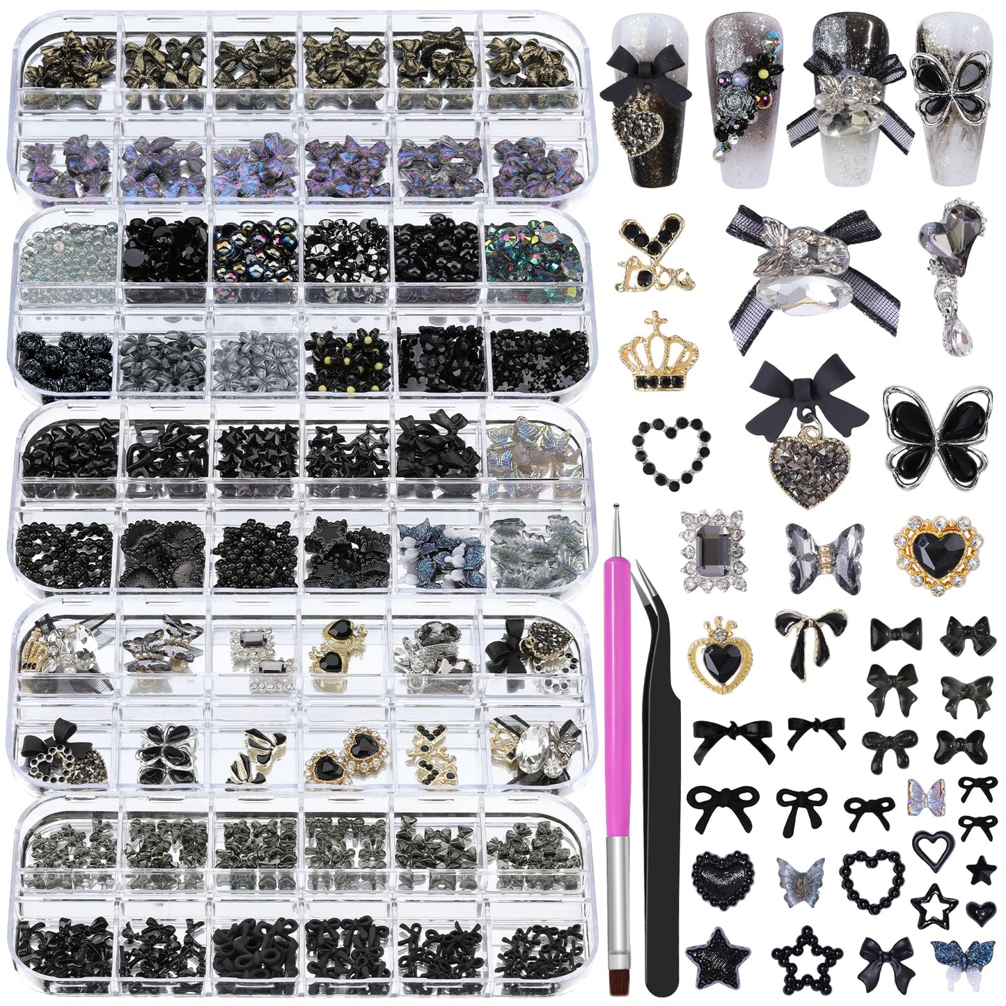 5 Boxes Black 3D Nail Charms Set, 24Pcs Y2k Alloy Nail Art Rhinestone Charms 3D Bow Flower Crown Heart Star with Tweezers and Dual-end Brush for Manicure Salon DIY Crafts,Face Makeup Gems Jewels
