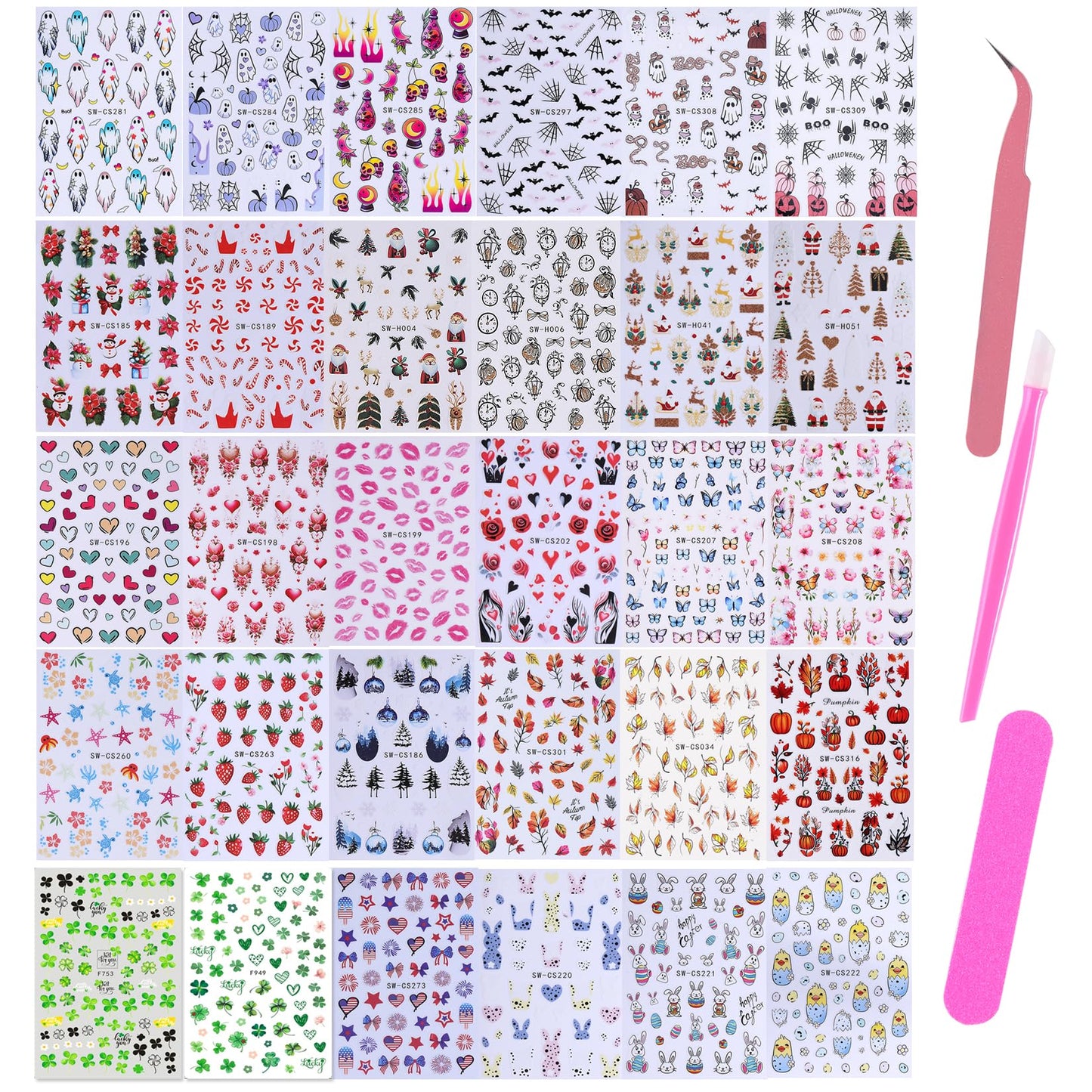Holiday Nail Art Stickers Decals 30 Sheets 3D Seasonal Stickers for Nails with Tweezers Self-Adhesive Manicure Decoration Nail Supplies for Christmas Valentine Halloween St. Patrick's Day Easter