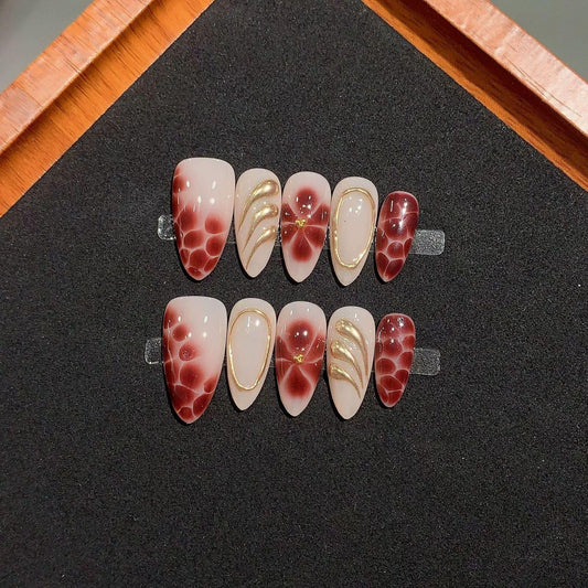 Threelegscat Reusable Nails Press Ons Almond Handmade Fake Nails Medium with Flower and Leopard Print Designs for Women Size L 10pcs