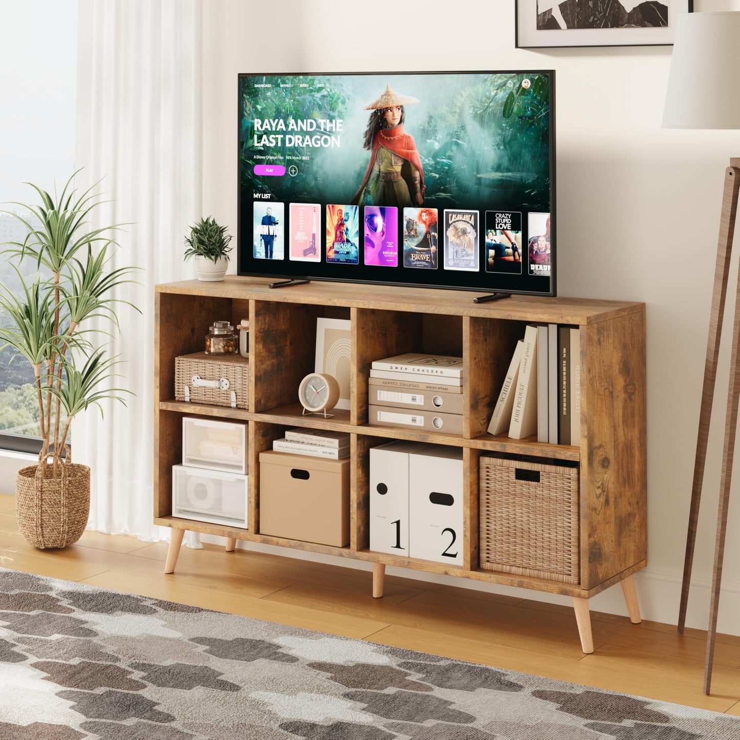 Flrrtenv 8-Cube Bookshelf 2 Tier Retro Bookcase with Legs, 11in Shelf Opening, 47" Wood Bookshelves Storage Organizer Shelf, Freestanding Open Book Shelves for Bedroom Living Room Office, Rustic Brown