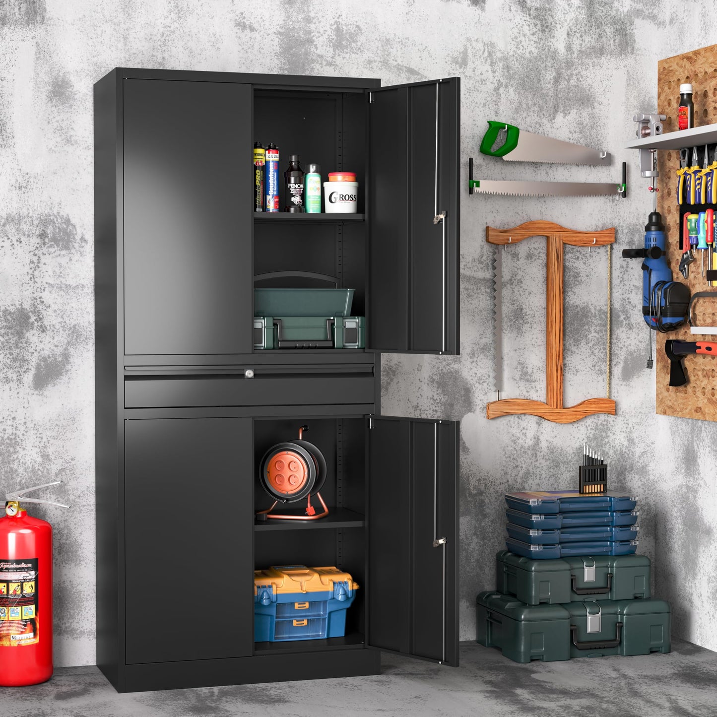 LISSIMO Metal Storage Cabinet with with Drawer, Garage Storage Cabinet with Locking Doors and Adjustable Shelves for Garage, Home Office,Warehouse (Black)