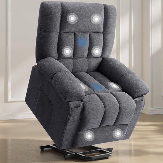 DUMOS Power Lift Recliner Chair with Vibration Massage and Heat for Elderly, Ergonomic Overstuffed Breathable Fabric Reclining Chair with 3 Pockets, Remote Control, Living Room, Bedroom, Grey