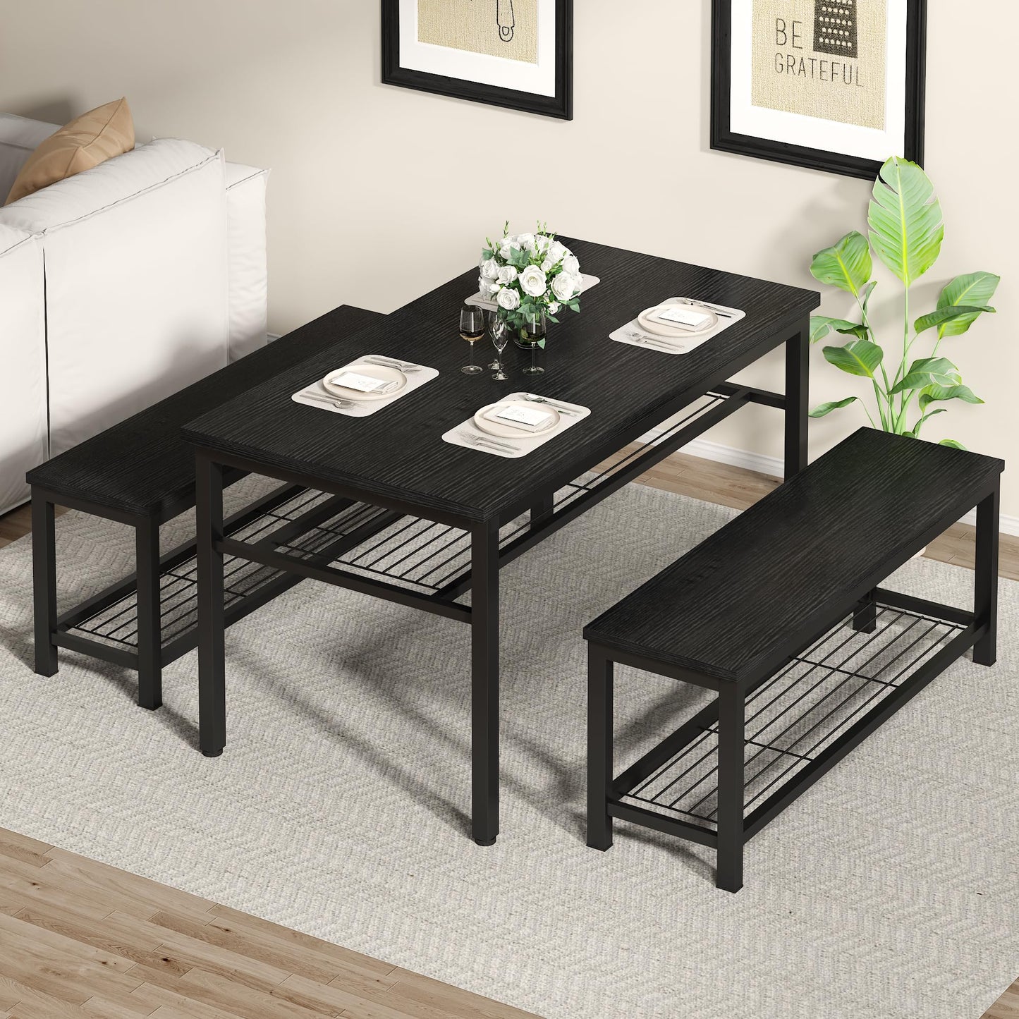 Lamerge 3-Piece Dining Table Set, Industrial Kitchen Table and Chairs Set for 4, Dining Table and 2 Benches with Storage Shelf, Dining Table Set for Dining Room Kitchen, Black