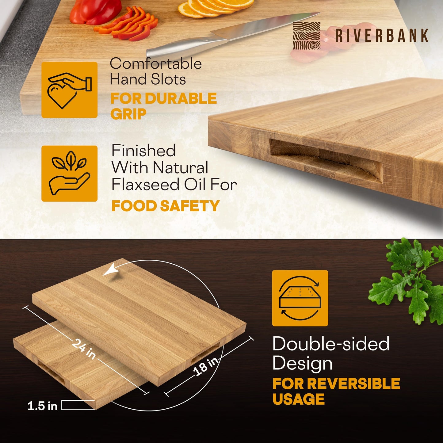 Riverbank Solid Wood Oak Butcher Block Cutting Board in Extra Large XL Size 24"x18"x1.5", Reversible Wooden Chopping Board with Handles, Gift Box Included