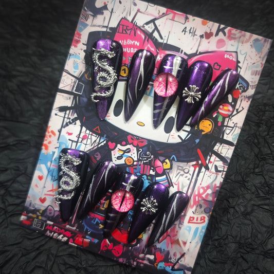 Handmade Press On Nails 10Pcs Dark Gothic Style Manual Starlight Fake Nails for Women Party Holiday Photo 3.2CM Size M