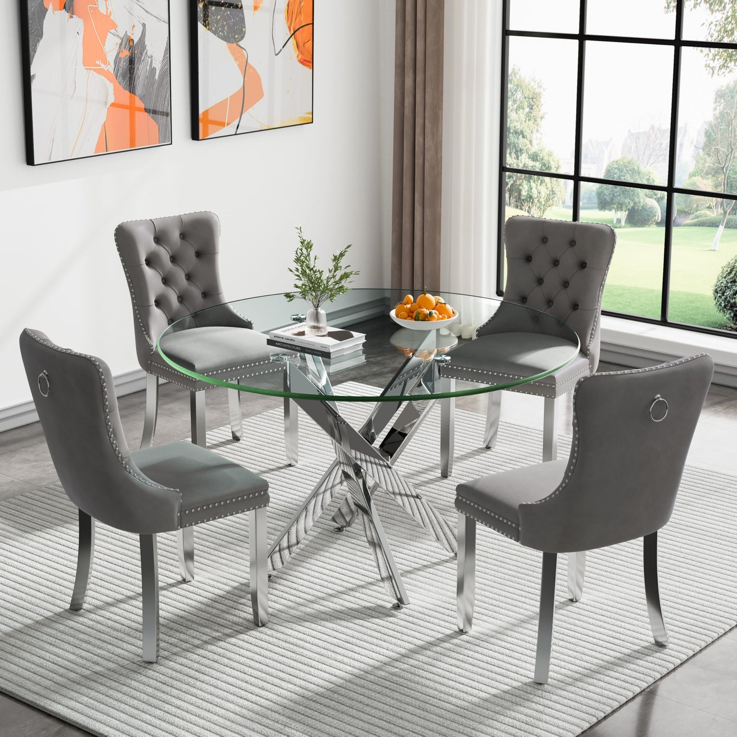 KUVADAZ 47.24" Modern Silver Glass Dining Room Table Set for 4, 5-Piece Round Kitchen Dining Table Set with Cross Metal Legs and 4 Grey Velvet Upholstered Chairs, Glass Kitchen Table and Chairs Set
