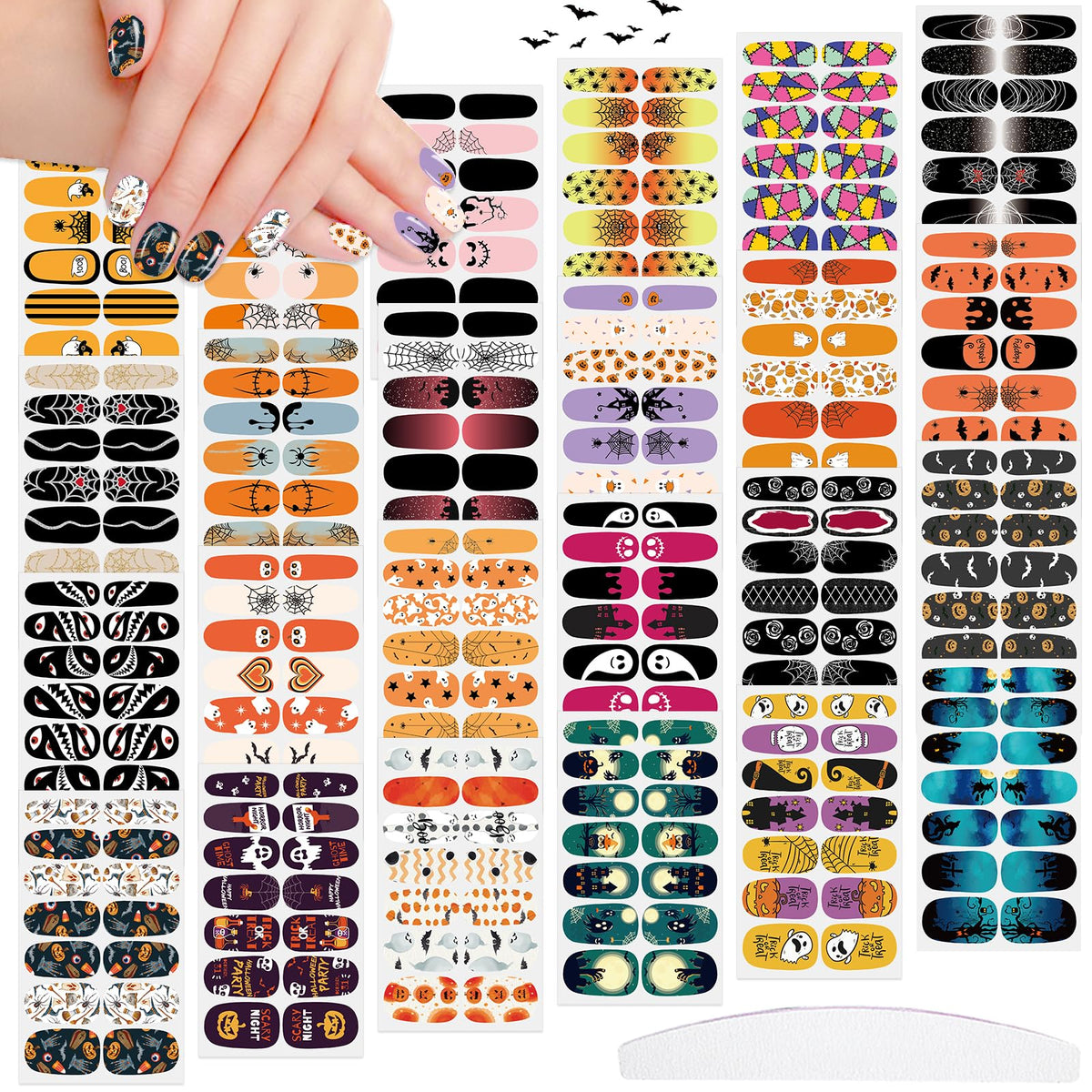 JERCLITY 336 Pieces 24 Sheets Halloween Nail Polish Strips Halloween Nail Wraps for Short Nails Spider Cobwebs Ghosts Jack-o'-Lantern Cemetery Nail Stickers for Women Halloween Nail Art