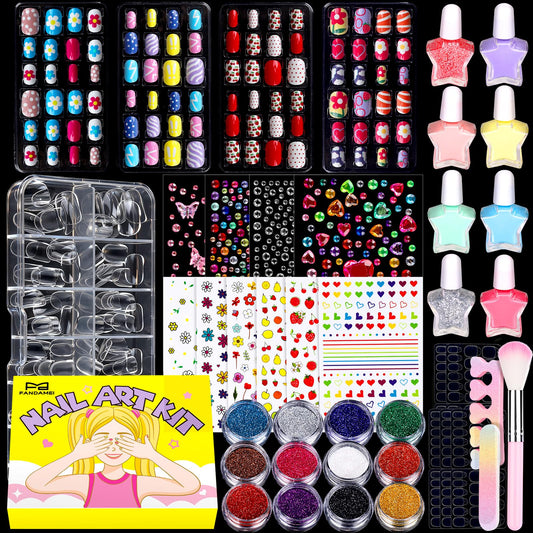 FANDAMEI Nail Kit for Girls, Press on Nails for Teens, Nail Polish Set for Girls, False Nail Tips for Teens, Nail Stickers, 3D Rhinestone Stickers Face Gems, Nail Glitter, Nail Art Tool Kit
