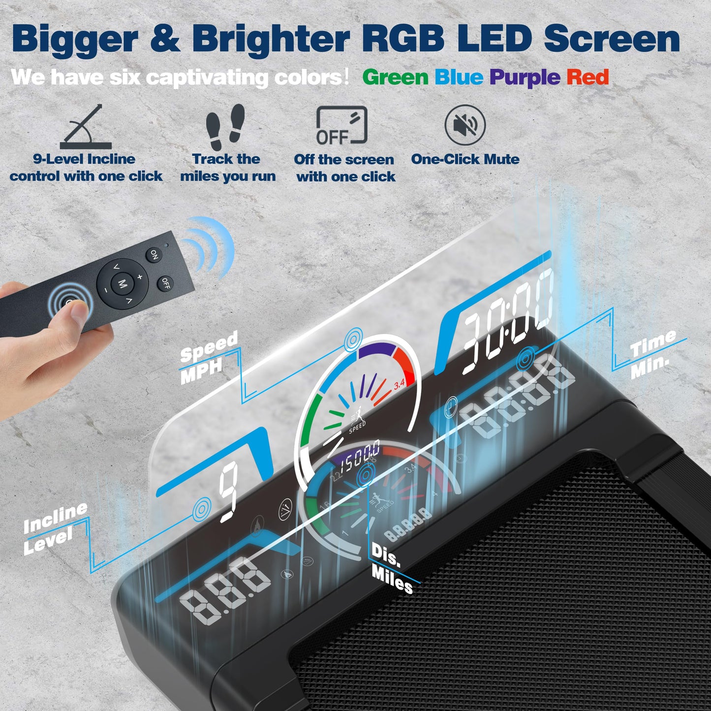 TRAILVIBER Walking Pad Treadmill with 12% 9-Level Auto Incline, 450 lbs Capacity RGB LED Screen, Bluetooth Speaker Under Desk Treadmill, Compact Treadmills for Home Hiking, Black