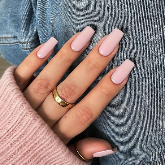 KQueenest Pastel Pink Press on Nails Long Medium Square, Dusty Pink Fake Nails Medium Coffin, Glossy Sheer Color Acrylic Nails Press ons, Reusable Soft Gel Glue on Nails for Women Summer
