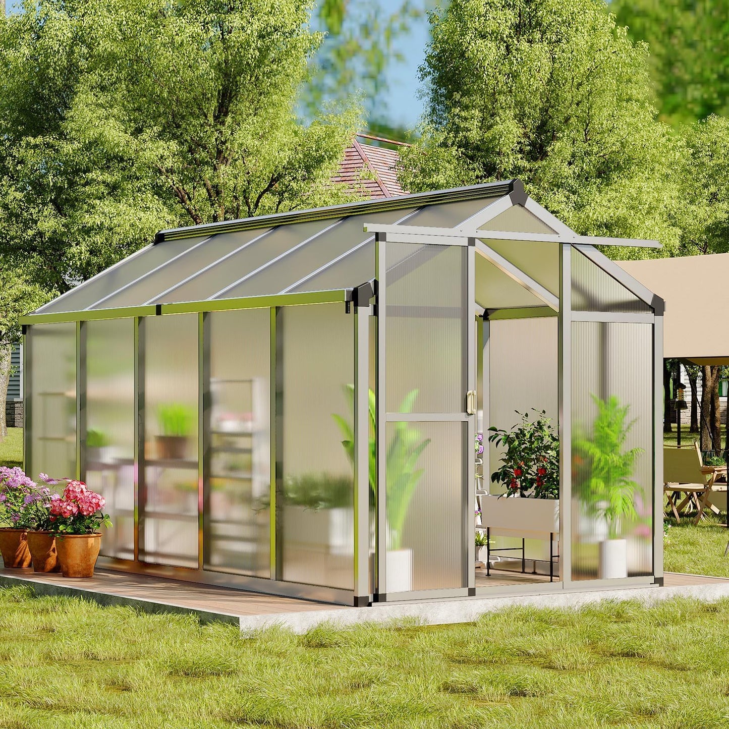 6X10FT Greenhouse, Aluminum Polycarbonate Green House, Green Houses for Outside with Sliding Doors, Outdoor Greenhouse with Ajustable Roof Vent, Withstands Bad Weather for Garden, or Backyard, Silver
