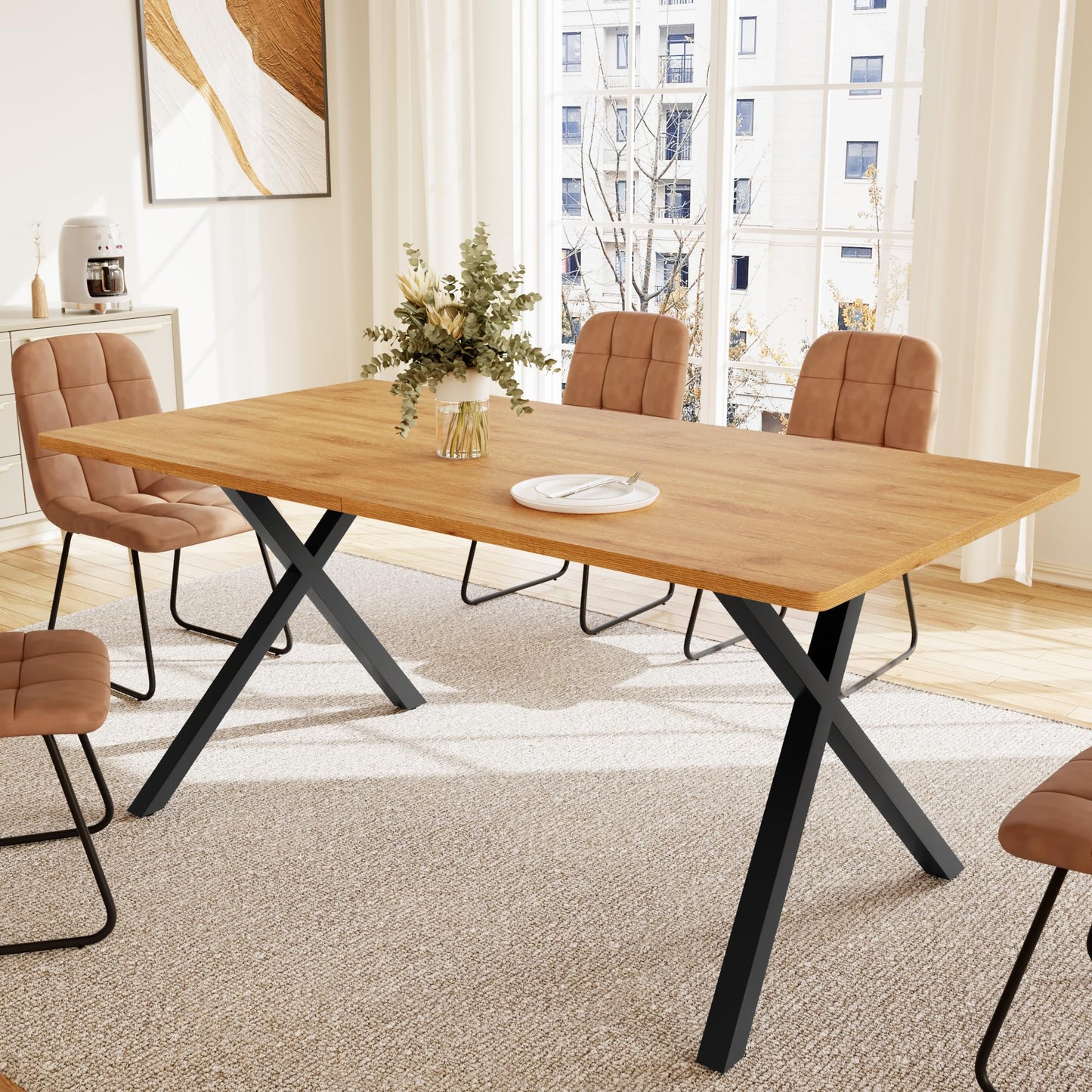 HIPIHOM 7-Piece Dining Table Set for 6 People, 63" MDF Kitchen Table with 6 Upholstered Chairs, Metal Legs for Dining Room, Kitchen(Oak Table+6 U-Shaped Brown Chairs)