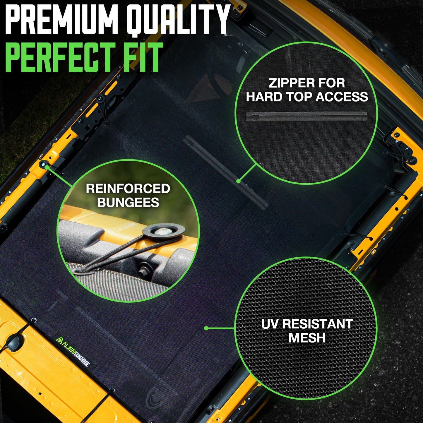 Alien Sunshade for Ford Bronco Sun Shade Black (2021-2025) - Full Length for Bronco Sunshade Bimini Top Accessories 4 Door Premium Mesh Bikini Roof Top Shade Screen Blocks UV, Wind & Noise