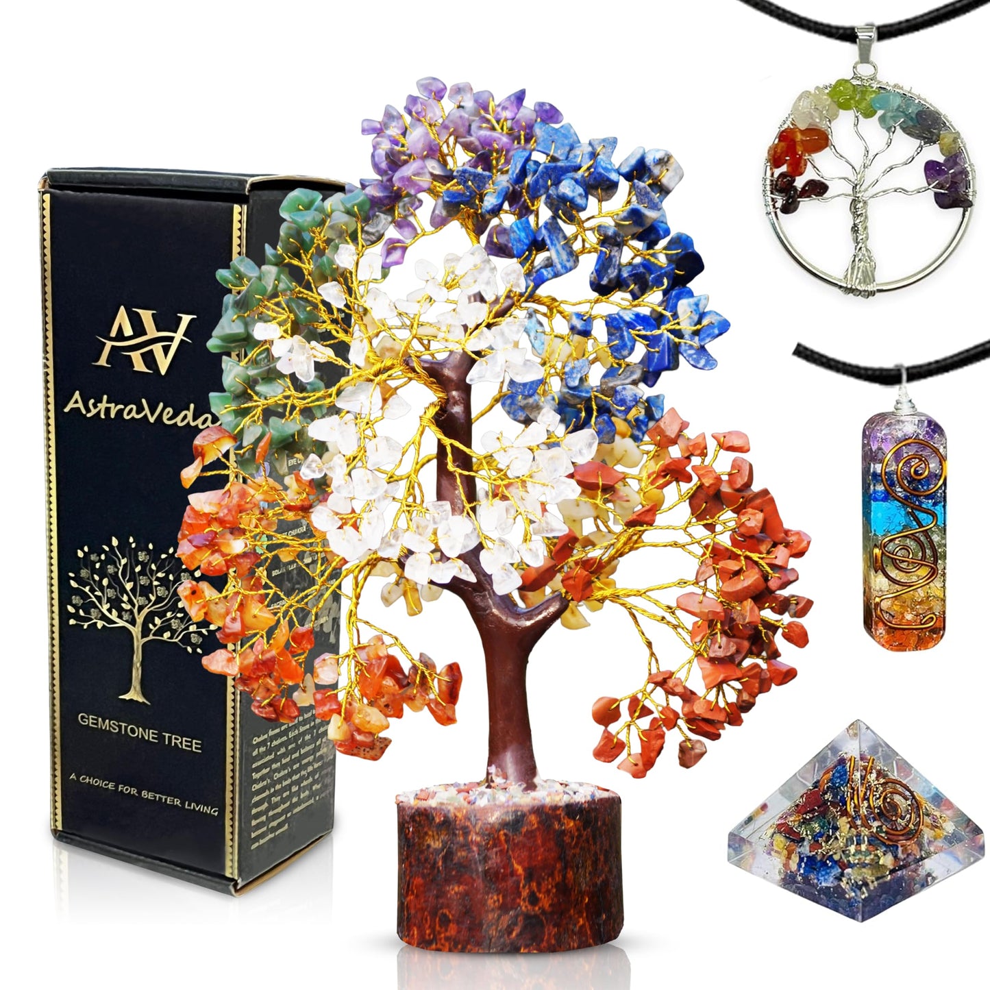 AstraVeda Large 500 Bead Crystal Tree of Life, 7 Chakra Feng Shui Healer, Gemstone Pyramid, Home Office Decor
