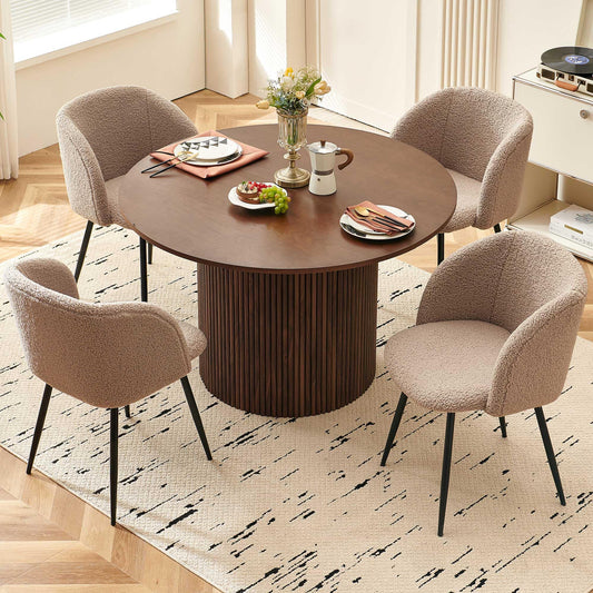 NORDICANA 5-Piece Wooden Round Dining Room Table and Chair Set, 47-Inch Kitchen Table with Barrel Chairs for 4, Brown Upholstered Sherpa Dining Set, MDF Core with Walnut Finish