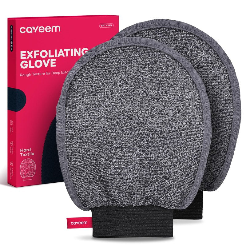 Caveem Exfoliating Mitt, Body Scrubber for Deep Exfoliation, Korean Scrub Mitt, Turkish Body Exfoliator for Remove Dead Skin, Gentle Lightweight Loofah Bath Glove for Shower (2 Pack)
