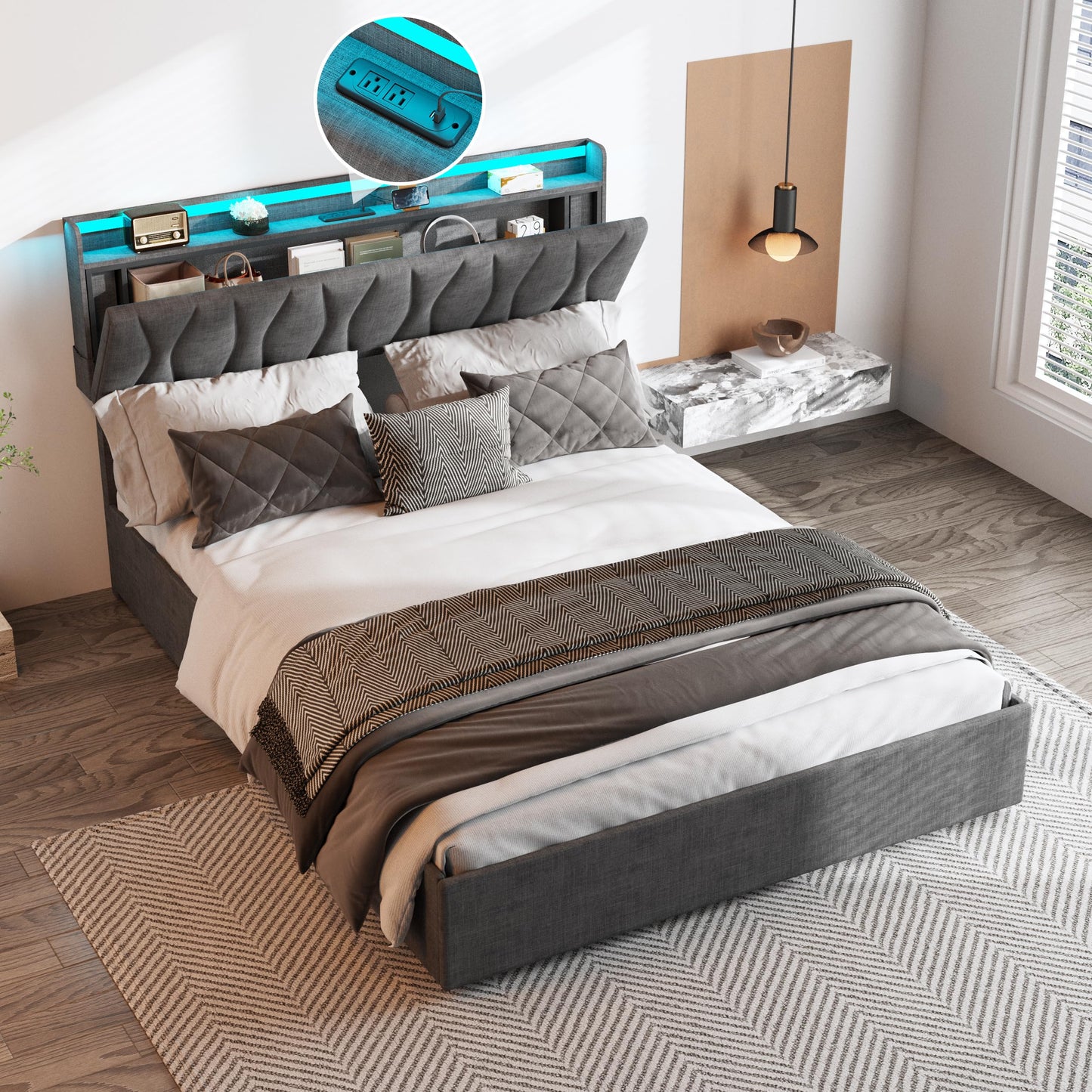 Fameill Full Size Lift Up Storage Bed Frame, Height Adjustable Storage Headboard with Charging Station, LED Lights Upholstered Platform Bed, Wooden Slat, No Box Spring Needed, Noise-Free, Dark Grey