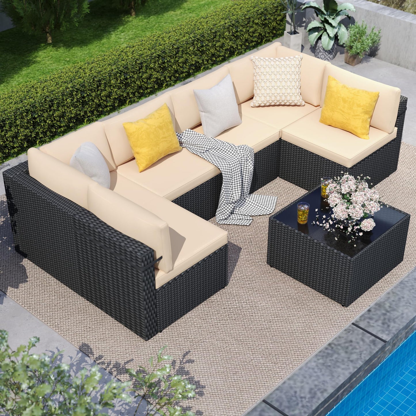 PATIOPIA 7-Piece Outdoor Sectional Sofa Set, Weather-Resistant Patio Furniture Set with Washable Cushions and Coffee Table, Black Rattan Patio Conversation Set for Poolside, Backyard, Deck (Beige)