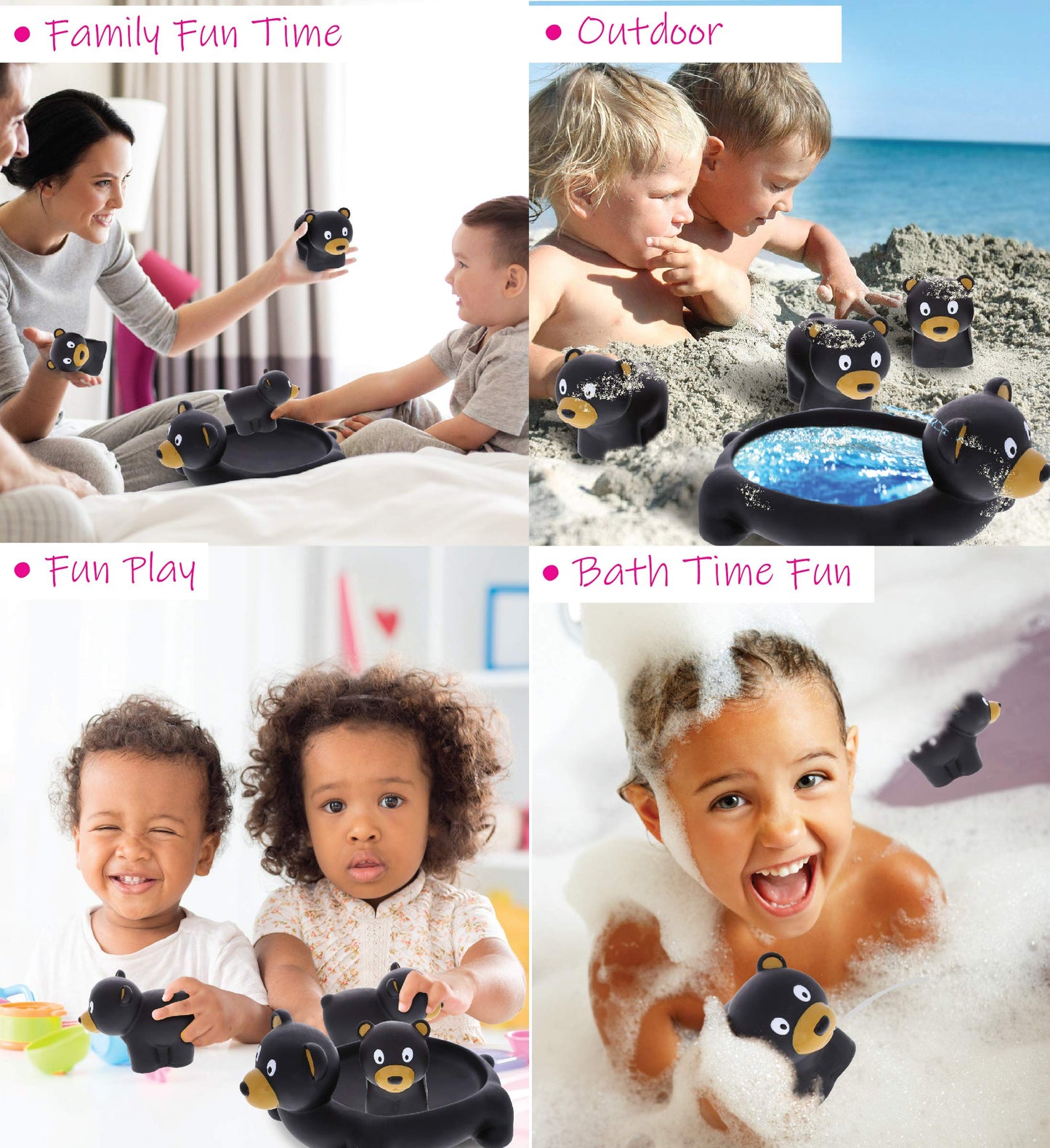 DolliBu Black Bear Animal Bath Toys - Family Animal Water Squirter for Kids, 4-Piece Kid and Baby Bathtub Toys, Fun Bath Time Children, Floating Bath Tub Decor, Rubber Animal Bath Toys, Squirt Toys