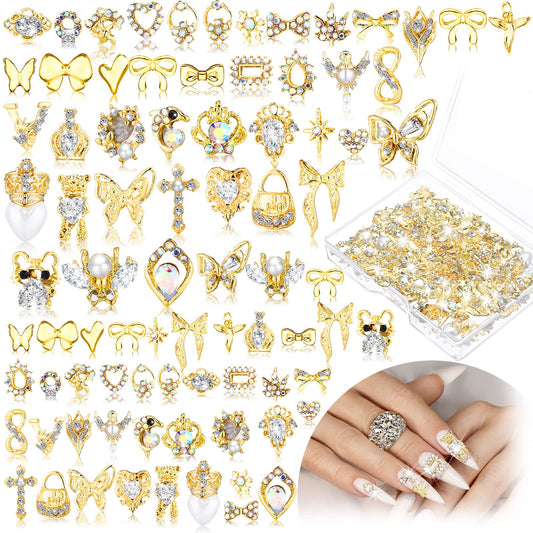 Lounsweer 100 Pcs Gold Nail Charms and Gems, 3D Gold Rhinestones Shiny Metal Crown Heart Butterfly Angel Luxury Crystal Diamonds Decor for Acrylic Nails Art Alloy Women Art Design DIY