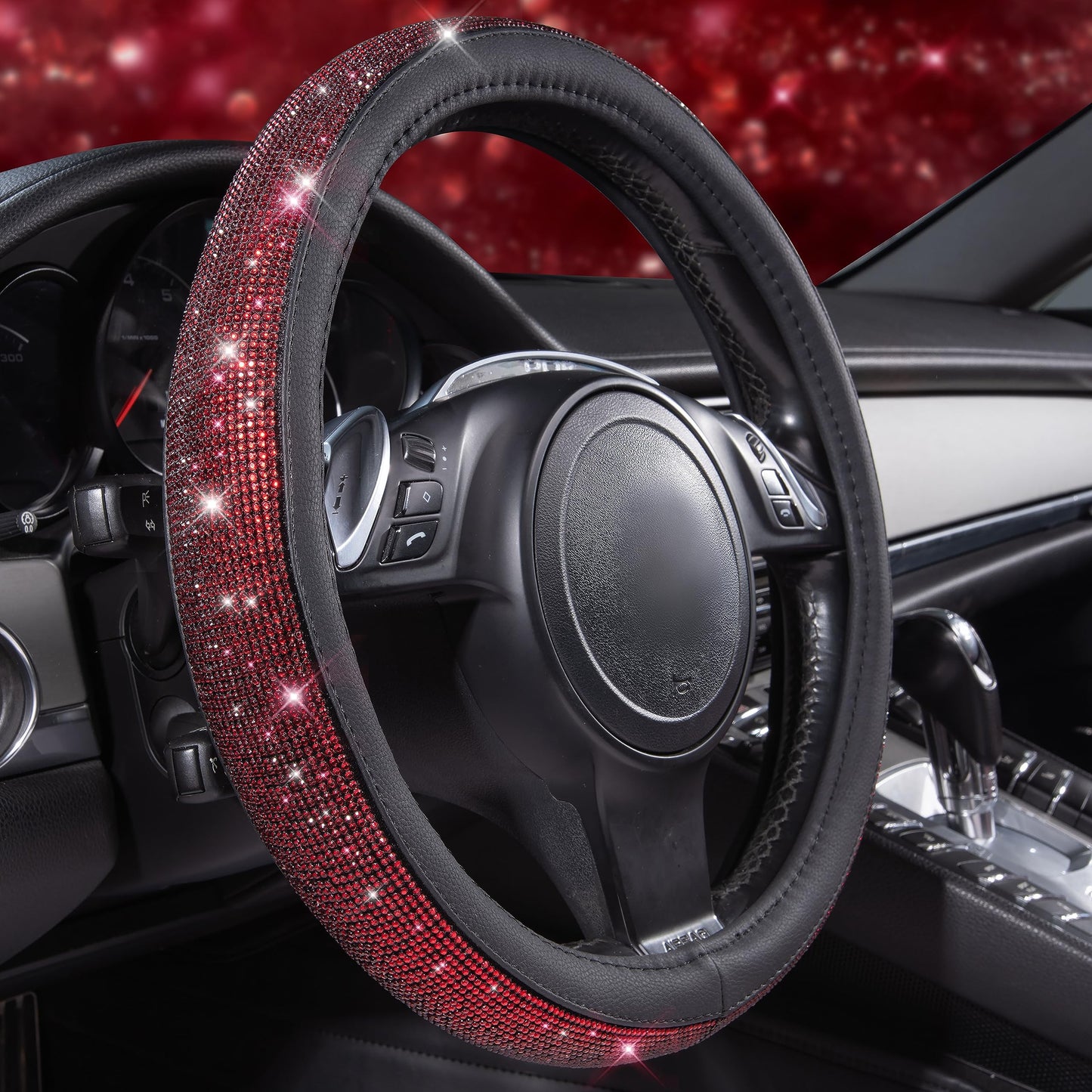 CAR PASS 11 PCS Bling Diamond Car Mats Set for Women Girls, Sparkly Rhinestone Steering Wheel Cover, Waterproof Floor Mats Universal Fit for SUV,Vans,Sedans,Trucks Anti-Slip, Interior Sets Black Red