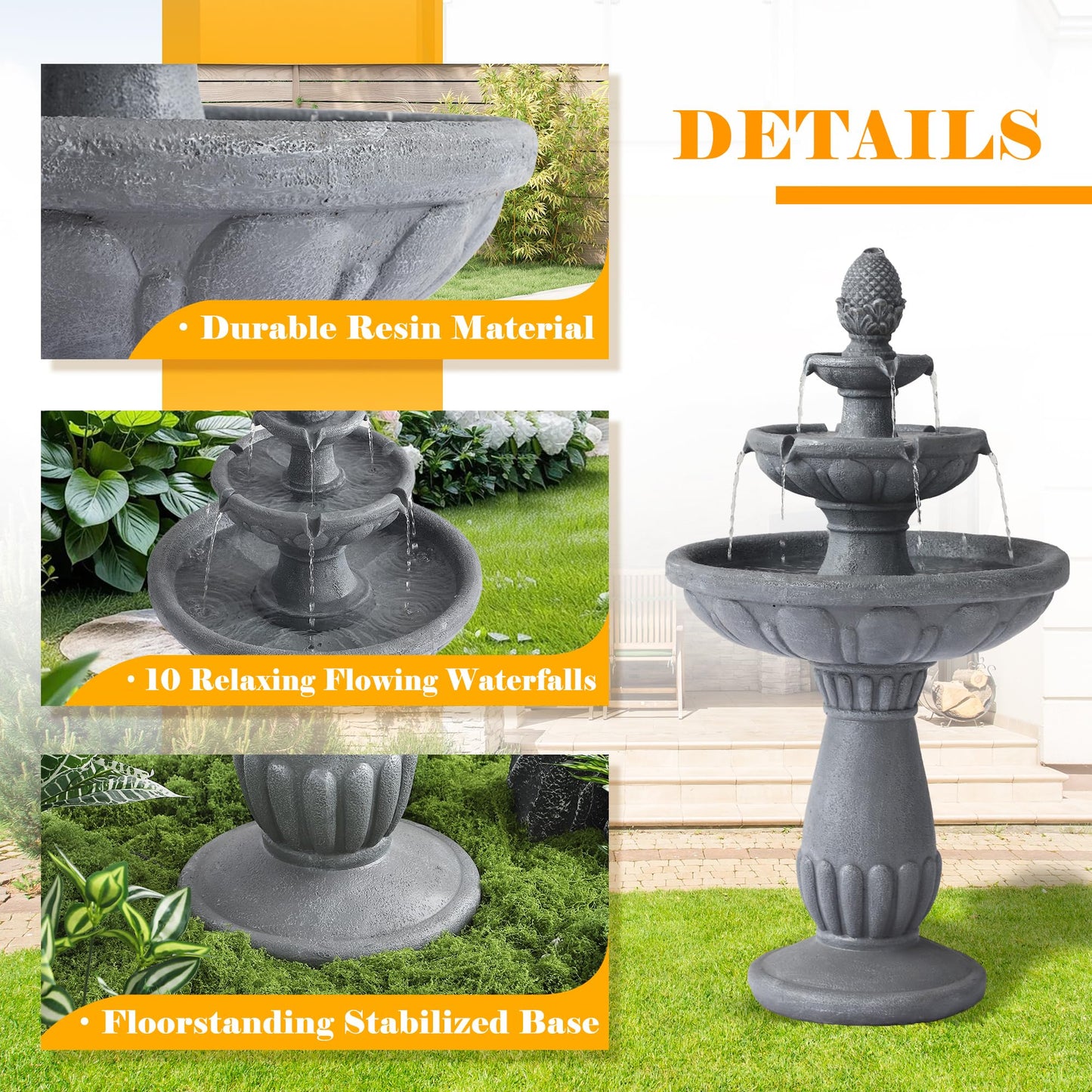 GIODIR 40.6" High Large Italian Outdoor Water Fountain, 3-Tier Standing Bubbler Waterfalls Fountain with Pineapple Top and Roman Pillar, Resin Garden Water Fountains for Bird Bath Patio Yard Deck