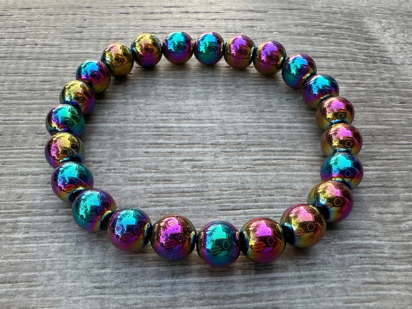 GAF TREASURES Rainbow Hematite Crystal Bead Bracelet 8mm, Genuine Rainbow Hematite Stretch Gemstone Bracelet, Healing Crystal Bracelet, Gift for Men & Women (1)