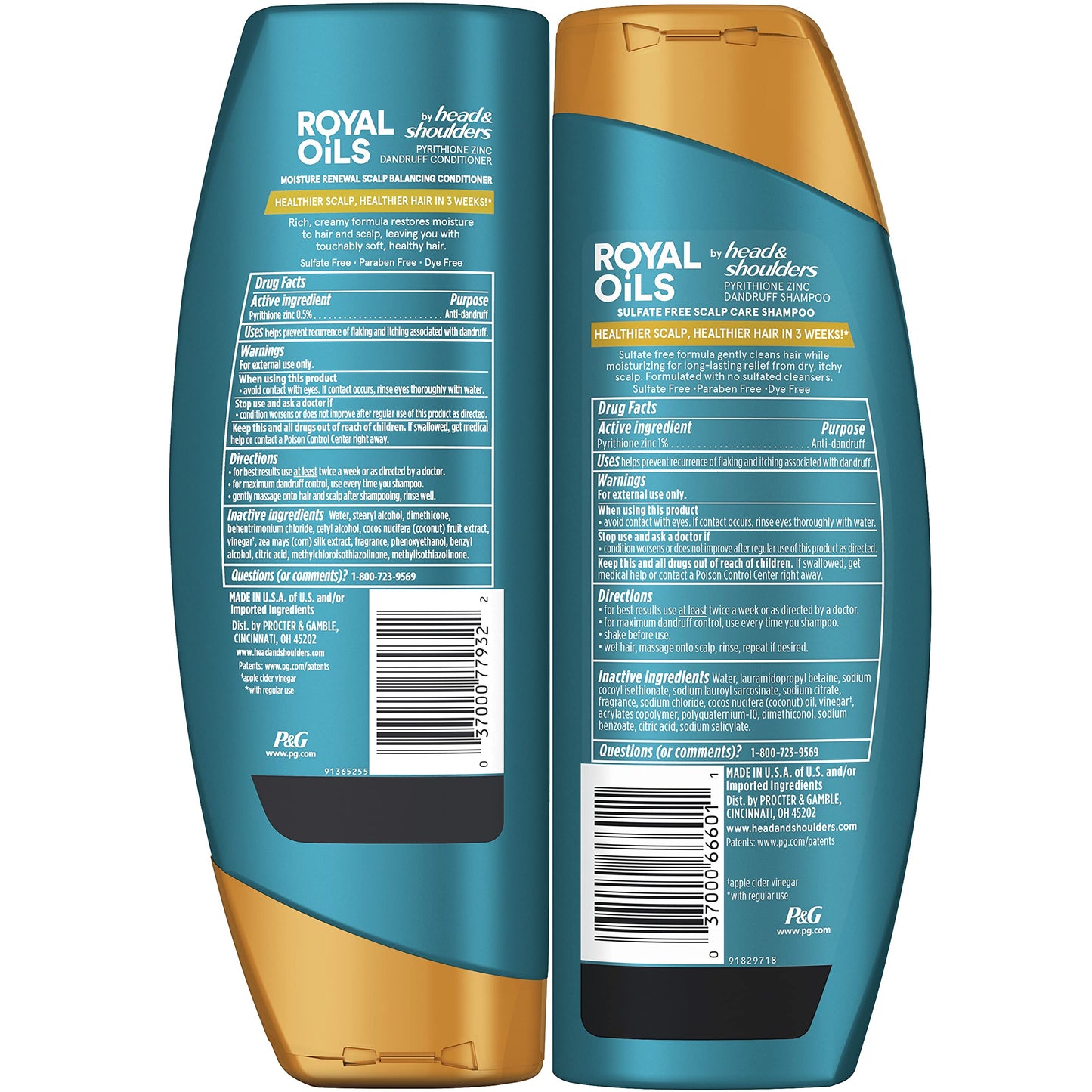 Head & Shoulders Royal Oils Shampoo and Conditioner Set, 1% Pyrithione Zinc, Scalp Care & Hydration, Moisture Renewal Conditioner + Anti-Dandruff Shampoo, 12.8 fl oz Each