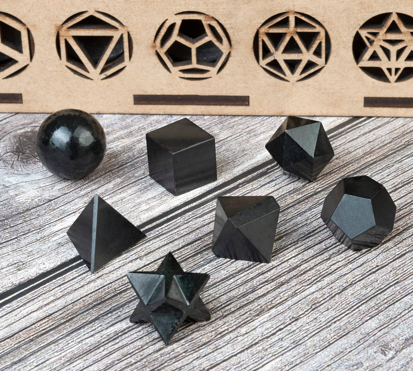 Crocon Black Tourmaline 7Pcs Platonic Solids Crystal Geometry Set, Platonic Solids Sacred Geometric Stones for Meditation Reiki Balancing Healing Chakra Stone Cleansing Spiritual Good Luck (15-20 mm)