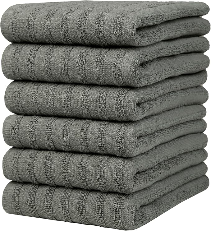 Premium Kitchen Towels (20âx 28â, 6 Pack) | Large Cotton Dish Towels 450 GSM | Highly Absorbent Terry Kitchen Linen Set with Hanging Loop | Anthracite Solid