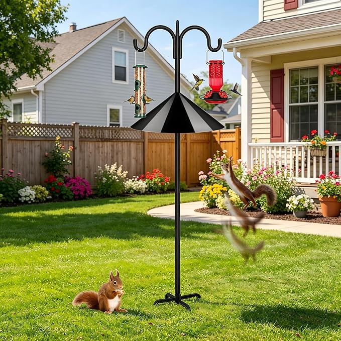 FEED GARDEN Heavy Duty Shepherds Hook Squirrel-Proof Bird Feeder Pole 92" Double Hooks 5-Prong Base & 19" Baffle for Outdoor Feeders & Plants