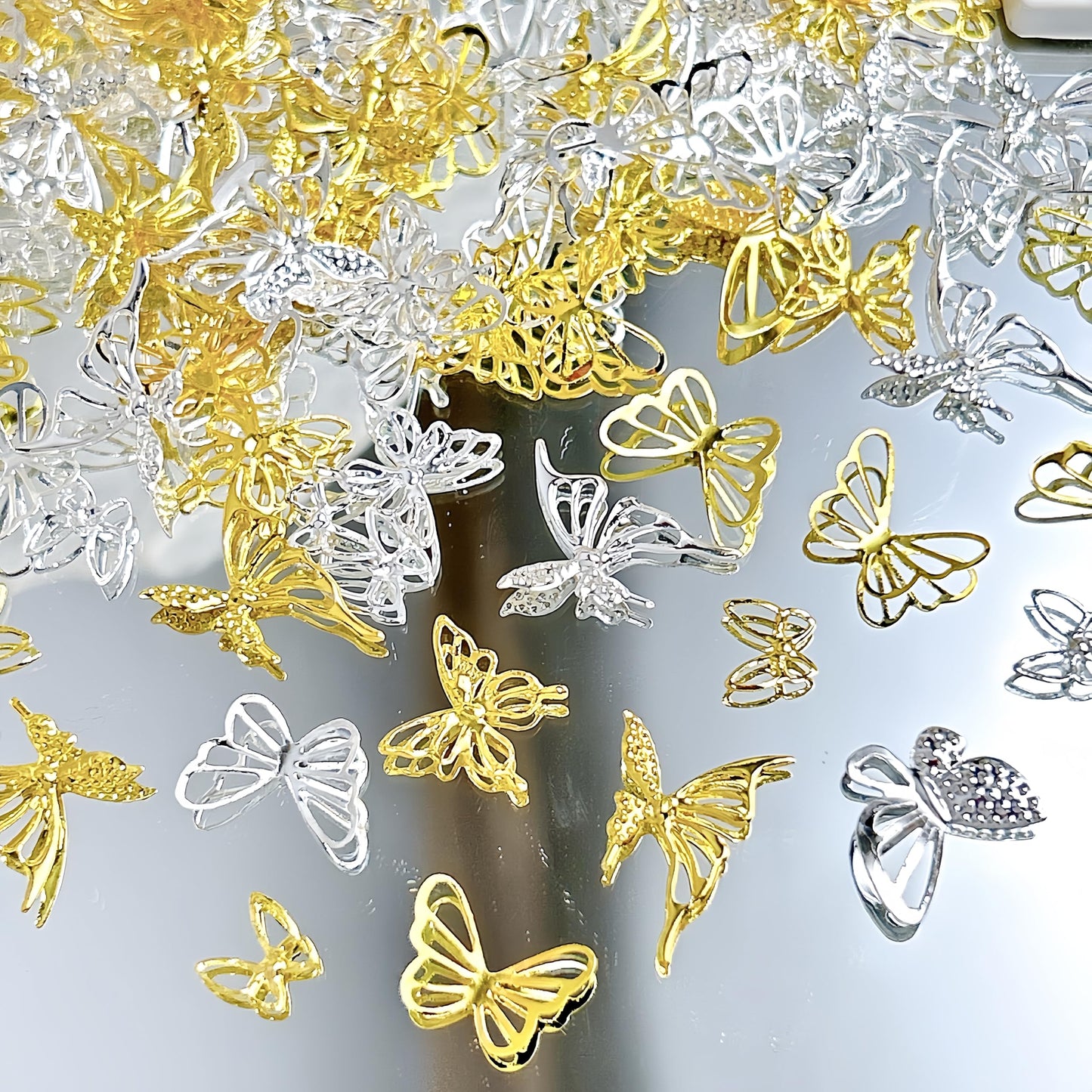300Pcs Gold Sliver Butterfly Nail Charms 3D Butterflies Nail Rhinestones Gold Metal Butterfly Charms for Nails Alloy Butterfly Nail Jewelry Cute Butterflies Nail Supplies for Women Manicure Crafts DIY