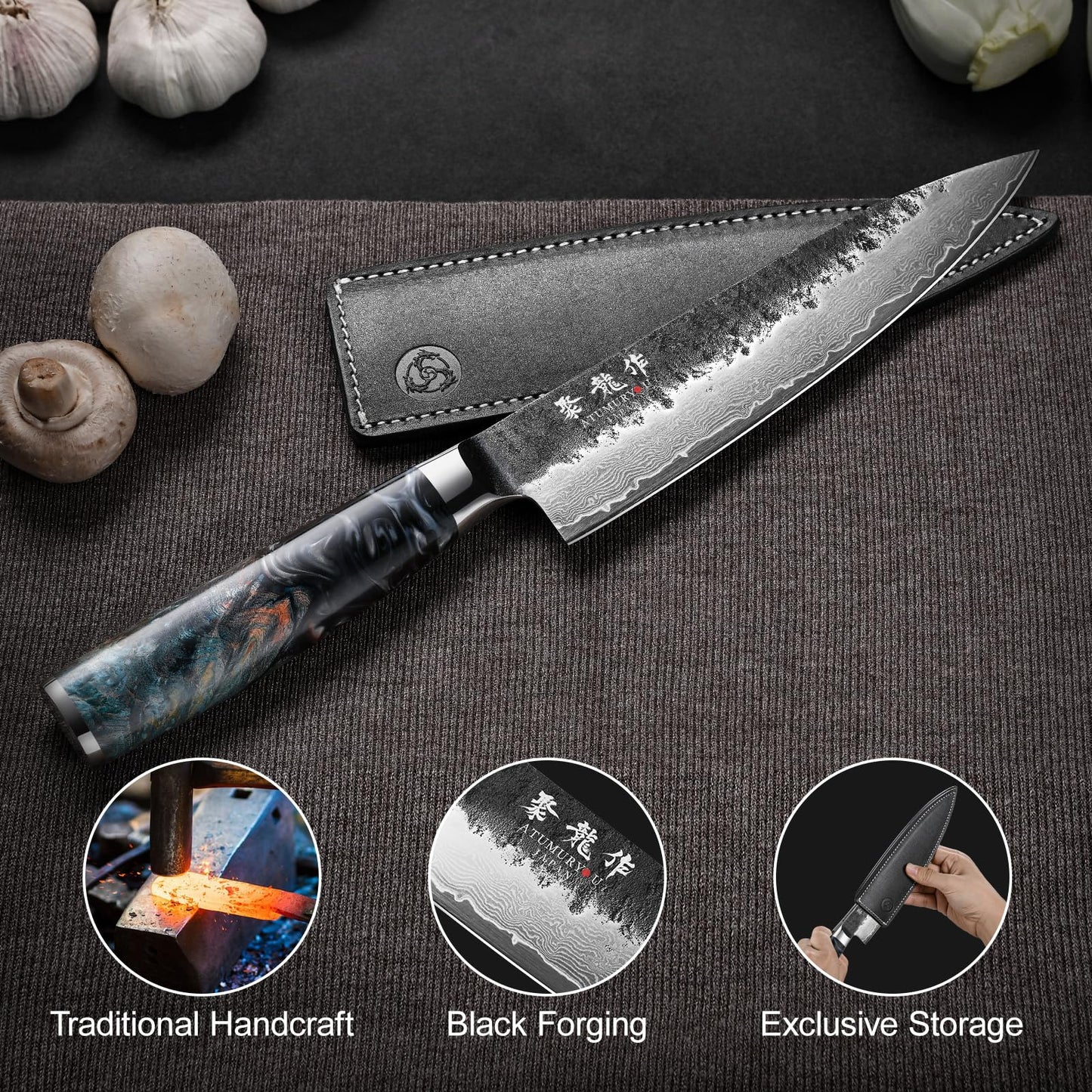 Japanese Chef Knife 8'', Hand Forged 67-Layer Damascus VG10 Core Kitchen Knife for Home & Professional Chefs, Razor Sharp Chef's Knives with Leather Sheath and Premium Gift Box, Ideal Cooking Gift