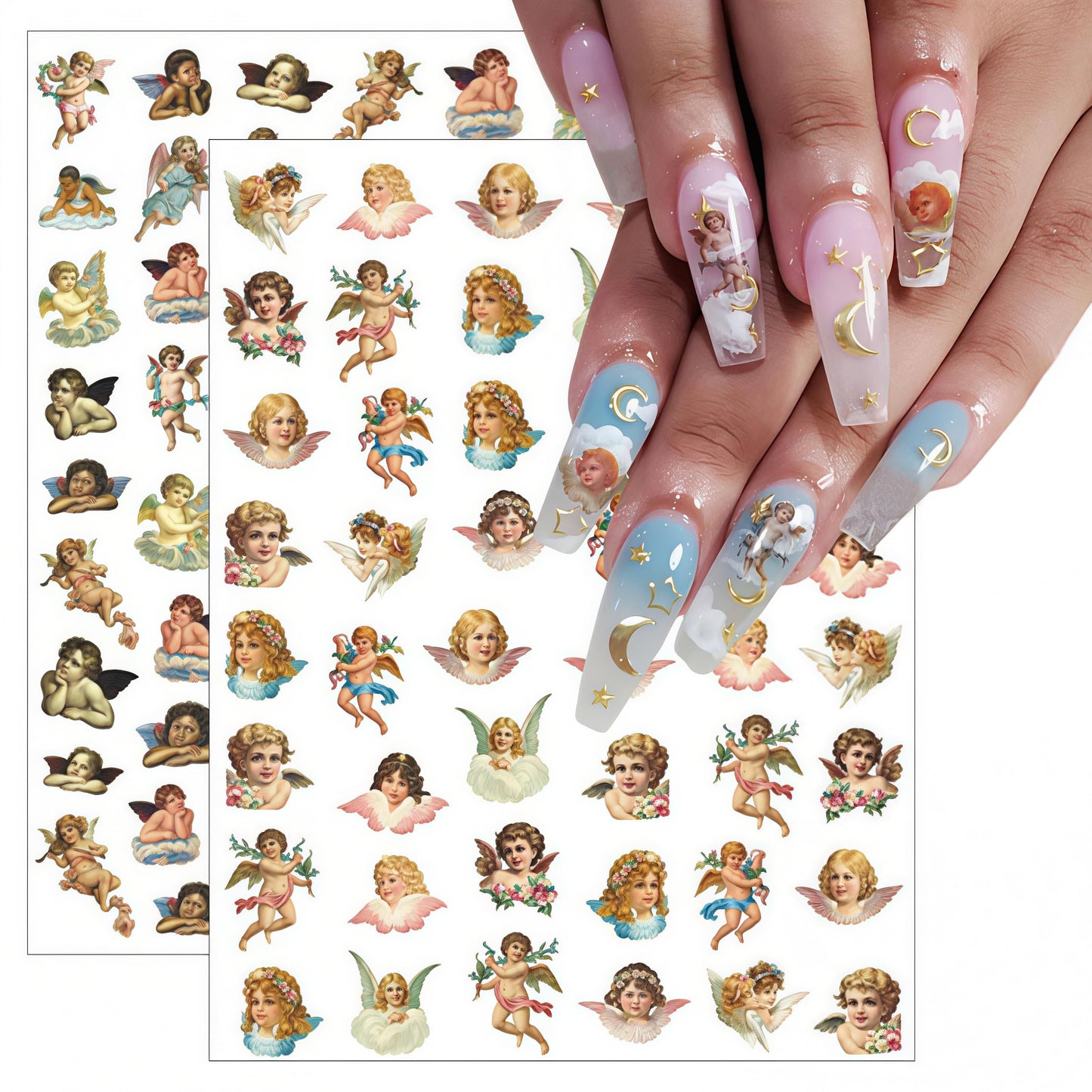 8 Sheets Angel Nail Art Stickers 3D Self-Adhesive Rose Flowers Nail Stickers Decals Cupid Love Heart Wings Nail Art Design Stickers Valentine's for Women Acrylic DIY Manicure Decorations