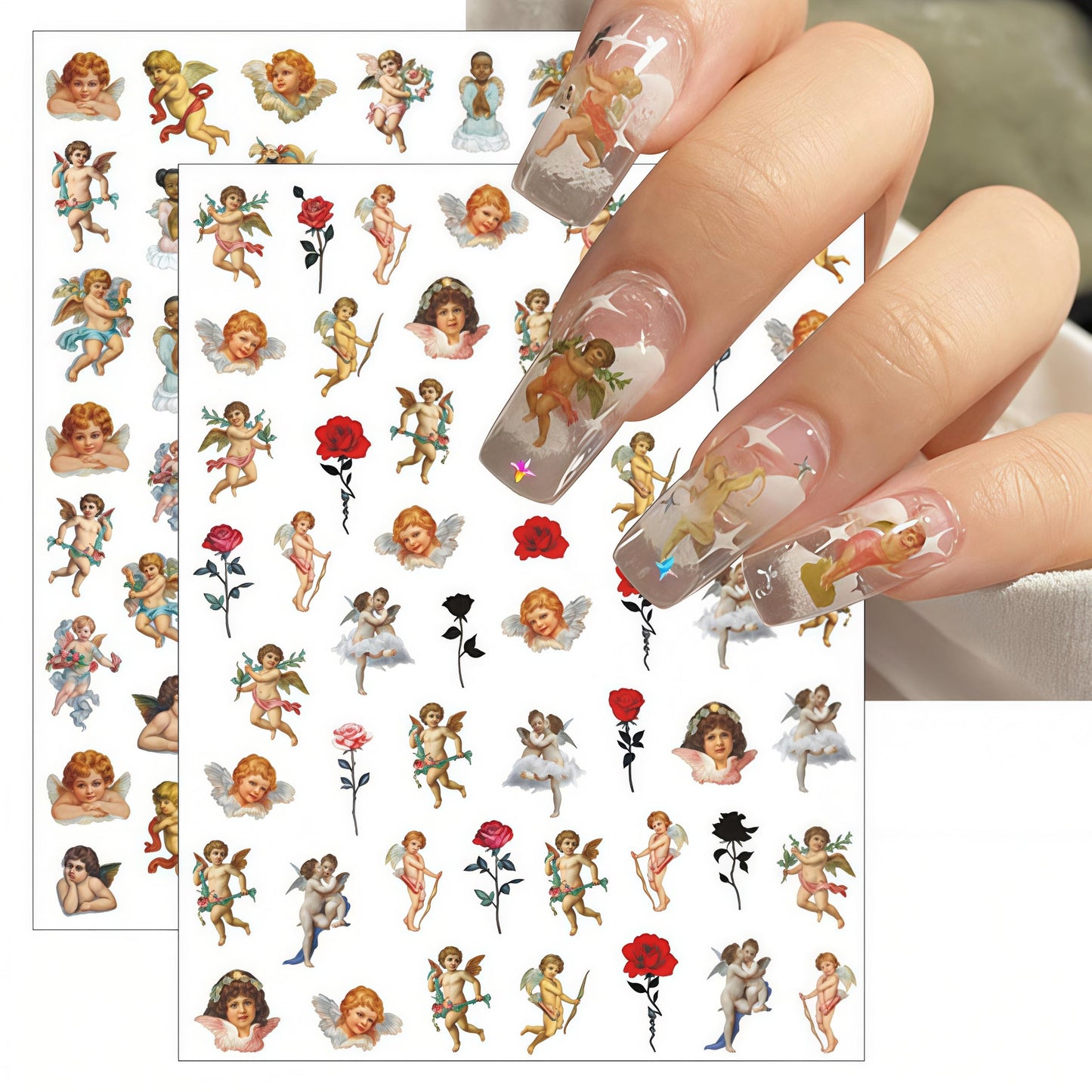 8 Sheets Angel Nail Art Stickers 3D Self-Adhesive Rose Flowers Nail Stickers Decals Cupid Love Heart Wings Nail Art Design Stickers Valentine's for Women Acrylic DIY Manicure Decorations