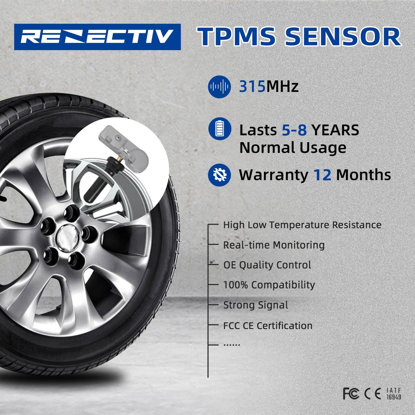 RENECTIV TPMS Sensor 4pcs GM,315Mhz Tire Pressure Monitor Sensors Compatible with GM Chevy Buick GMC Pontiac Hummer Saturn Pontiac Replace OE#13581558 13586335 13598771 13598772