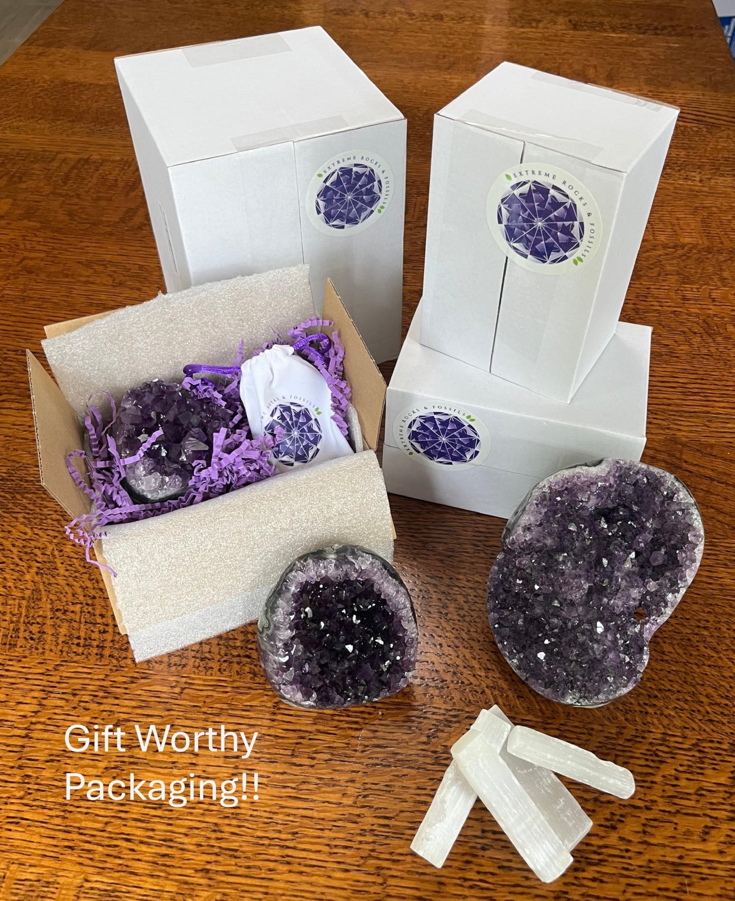 Premium Amethyst Geode Stone Crystal Cluster .5 - .75 Pound Geode - Each Piece is Unique & Natural - Raw Healing Crystal Rock from Uruguay - Deep Purple Decoration - FREE 3" Selenite Wand