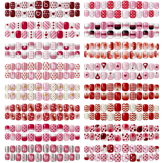 384 Pcs 16 Pack Valentine‘s Day Press on Nails Short Fake Nails Square False Nails Artificial Nail Full Cover Coffin with Rose Pink White Pattern for Women Girls (Romantic Pattern)