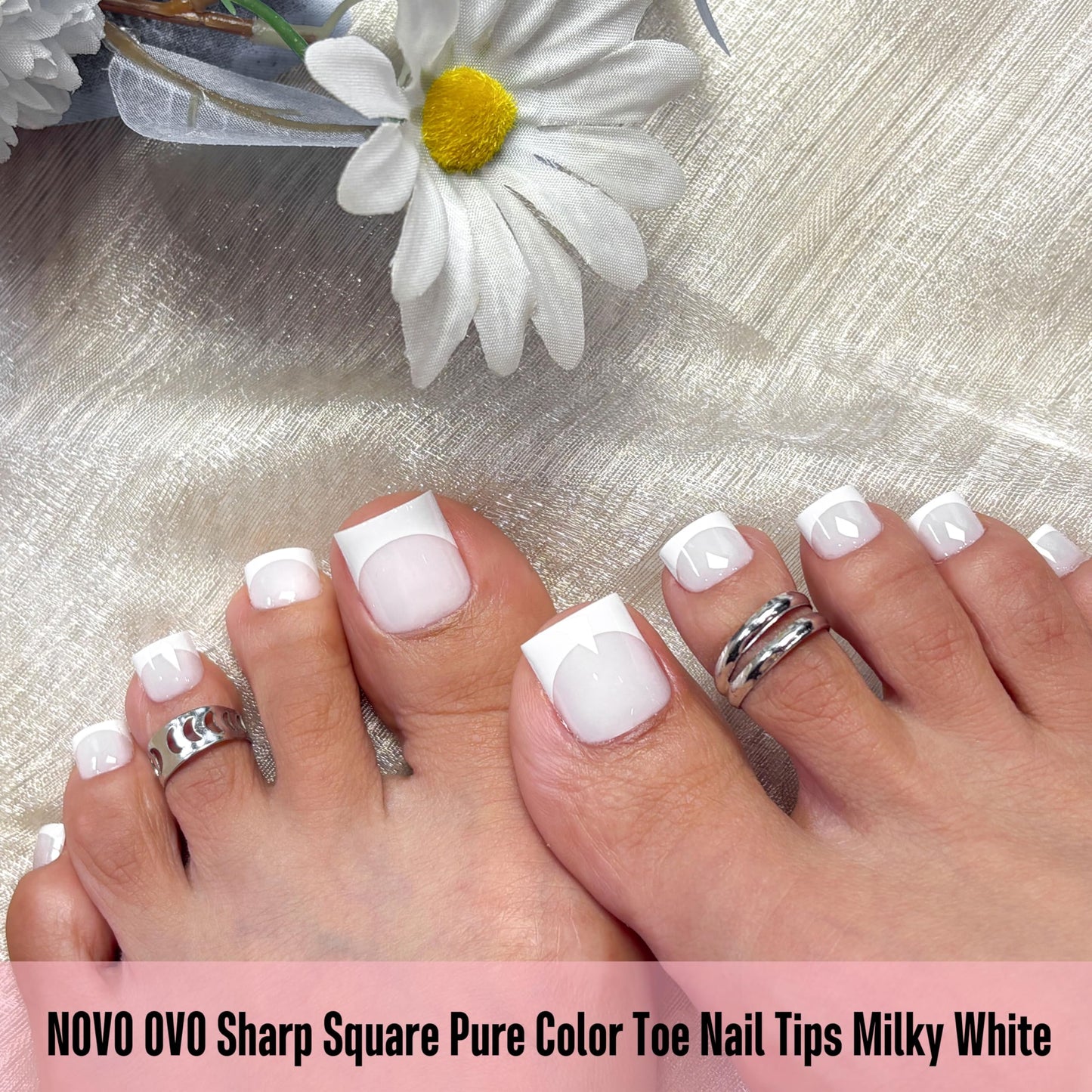 NOVO OVO Square Toe Nail Tips French Tip Press on - 240Pcs Soft Gel X 15 Sizes, Pre-Designed Milky White Sharp Square Toes, Medium Full Cover Wide. Need Builder Gel Top Coat for Acrylic Extension