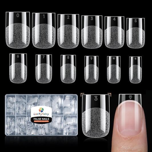 Luckyfairy Short Sharp Square Nail Tips 504pcs 12 Sizes No C Curve Soft Gel Nail Tips Pre-Etched Half Matte Full Cover Clear Fake Nails for Flat Nail Beds DIY Home Salon Acrylic Extension